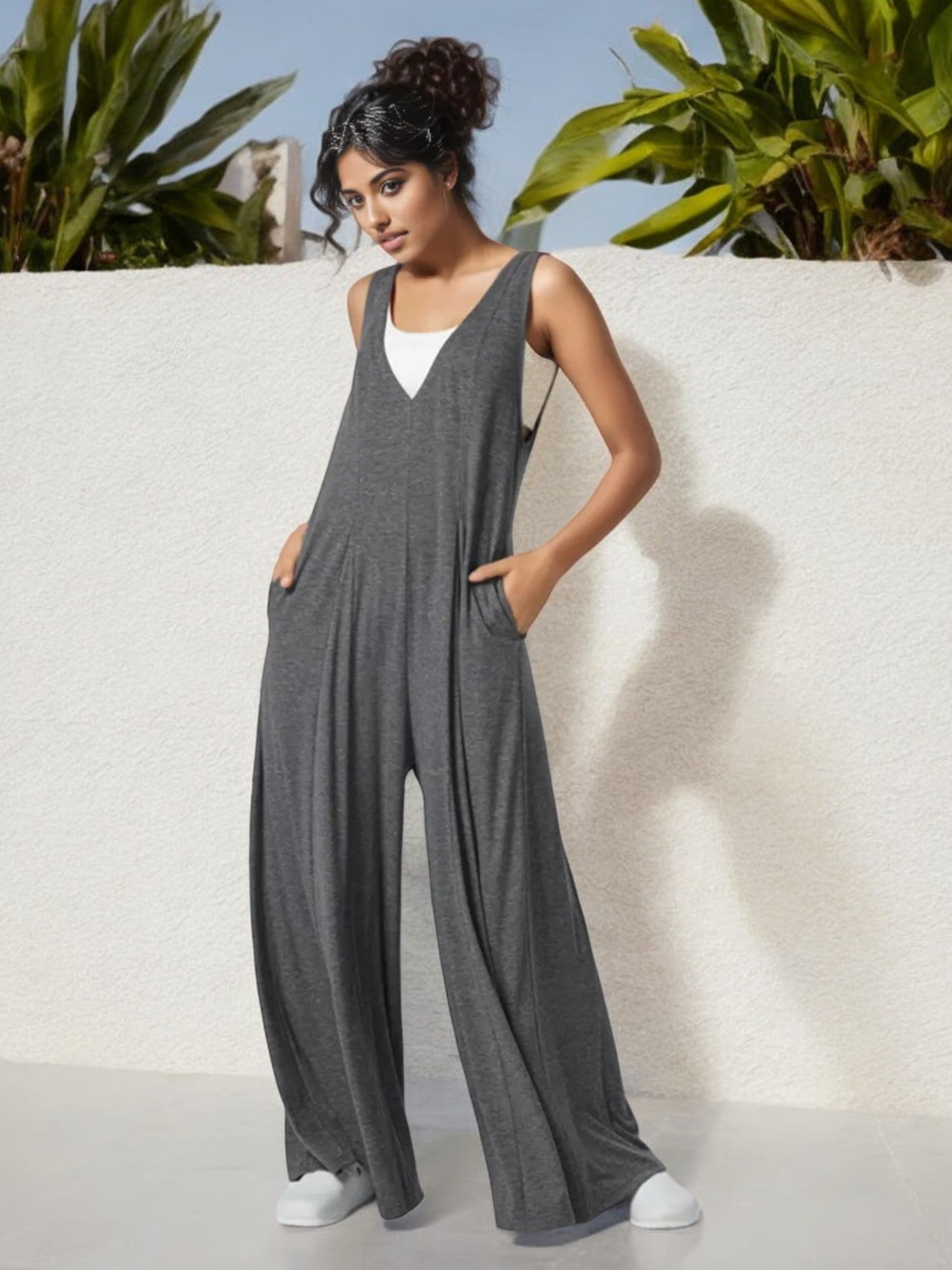 Women's V-Neck Wide Leg Jumpsuit with Side Pockets