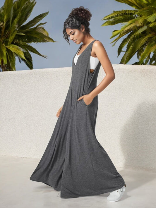 Women's V-Neck Wide Leg Jumpsuit with Side Pockets