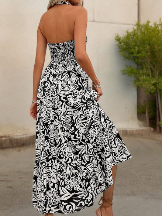 Halter Neck Maxi Dress with Black and White Floral Print