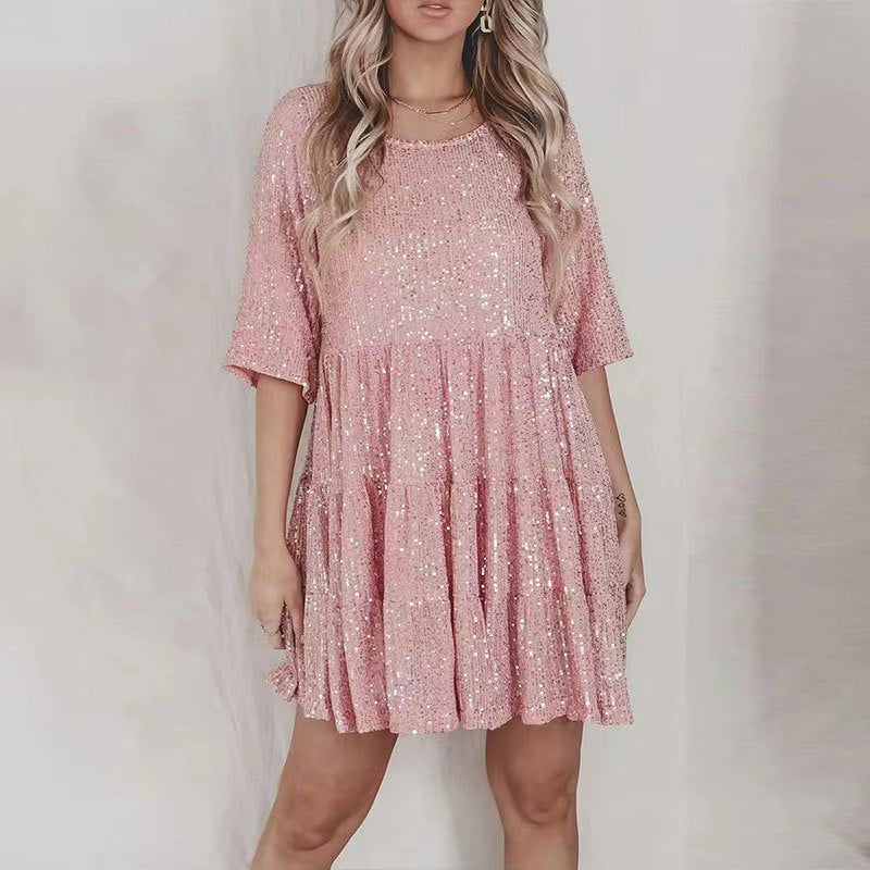 Sparkling Sequined Loose Waist Short Sleeve Swing Dress