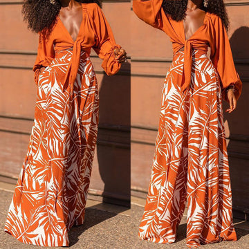 Chic Autumn Vibes Printed V-Neck Long Sleeve Two-Piece Dress