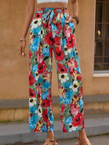 High-Waisted Wide Leg Pants with Floral Print and Tie Waist