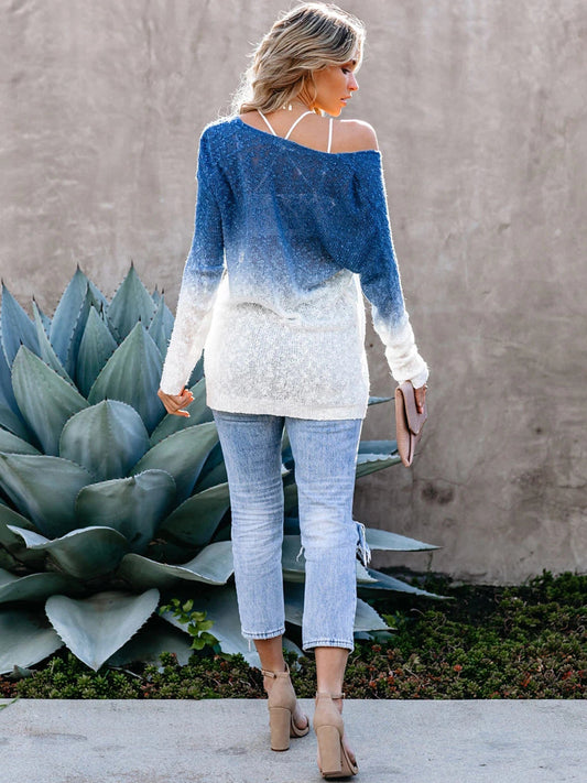 Long Sleeve V-Neck Gradient Sweater Ombre Knit Top