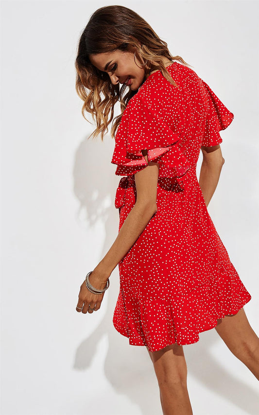 Dot Print Wrap Top Dress In Red