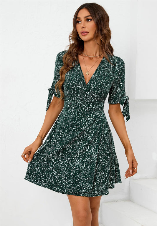 Dot Print Wrap Top Mini Dress In Green