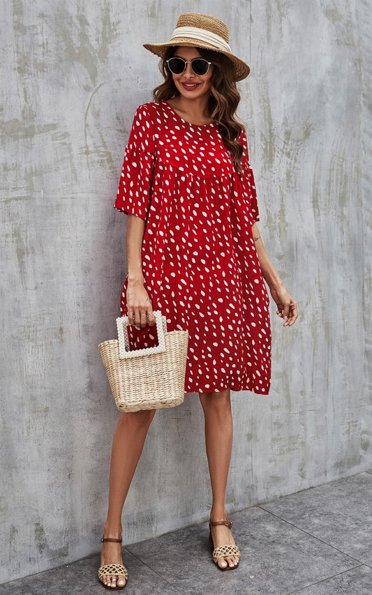 White Dot Short Sleeve Smock Dress In Red