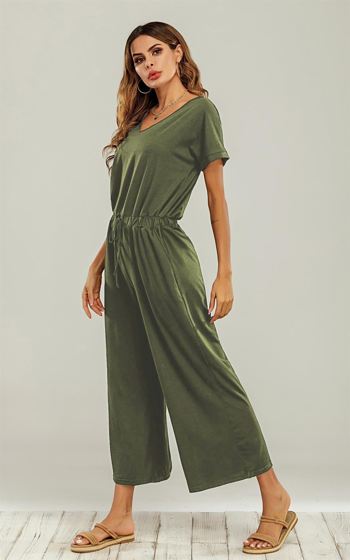 Olive Green Loose Jumpsuit With Short Sleeve