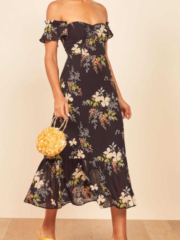 Off Shoulder Frill Midi Dress In Black Floral