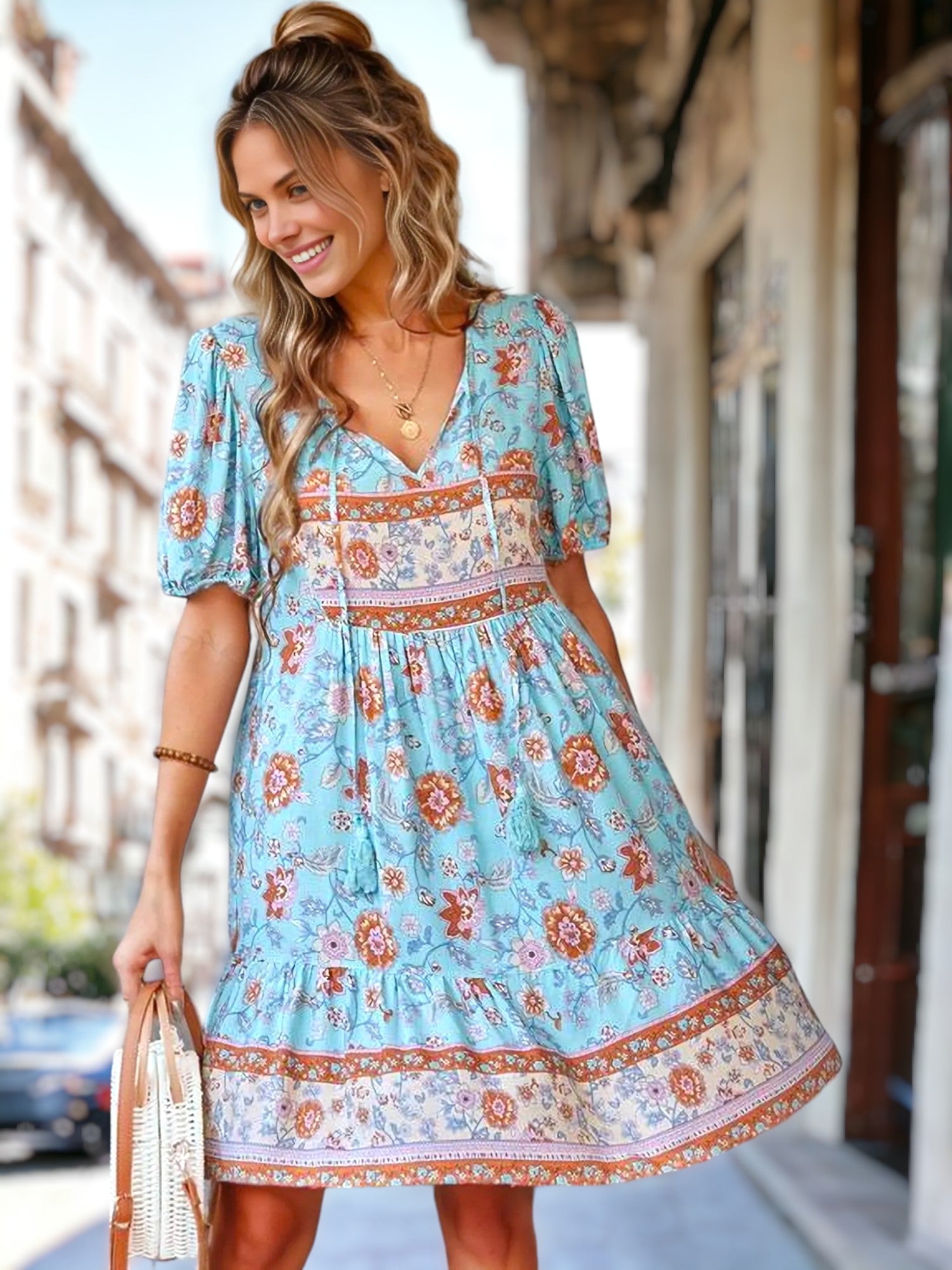 Floral Puff Sleeve Bohemian Dress