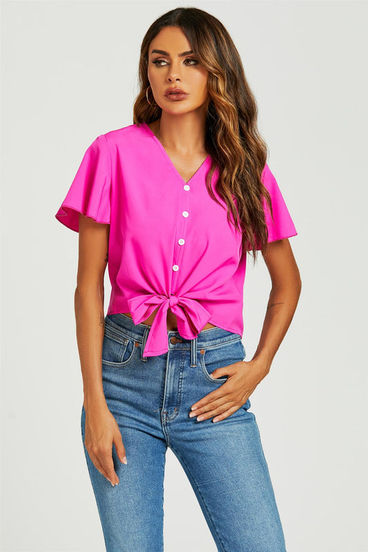 Cute Tie Knot Front Buttoned Crop T Shirt Top In Fuchsia Pink