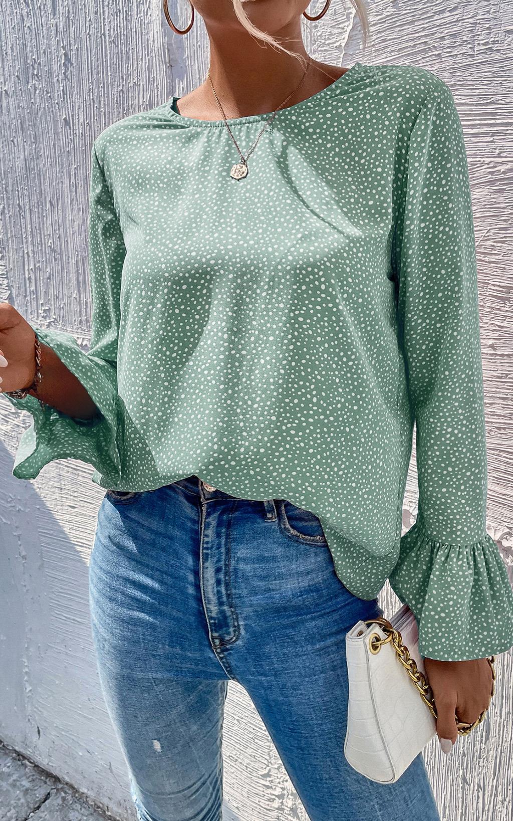 Polka Dot Frill Detail Cuff Top In Green