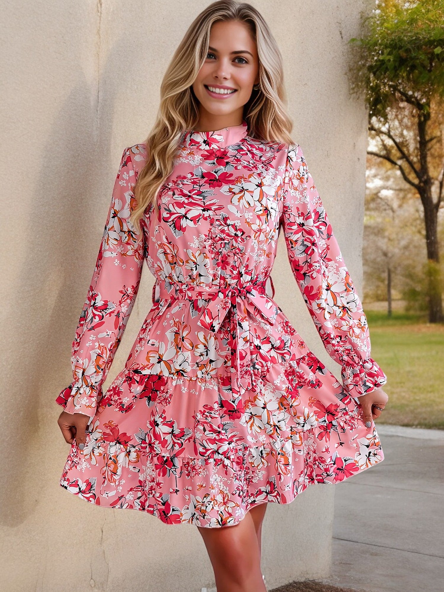 Women's Long Sleeve Floral Mini Dress with Belt and Ruffle Hem