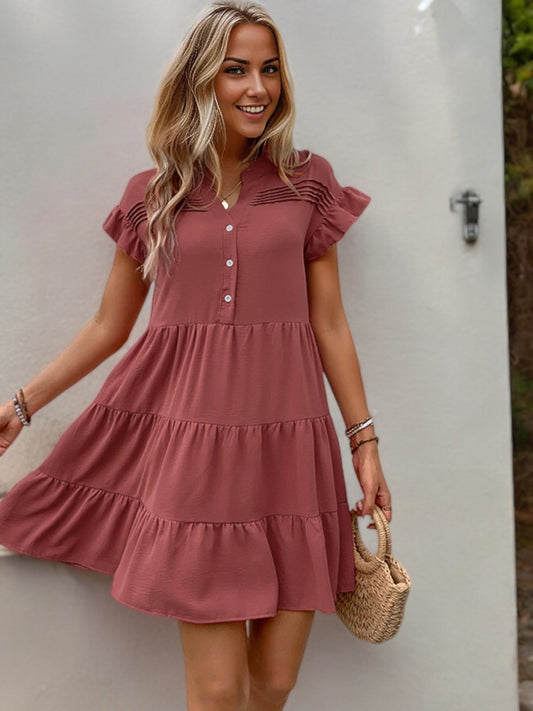 Short Sleeve Tiered Mini Dress with Button Front and Ruffle Detail