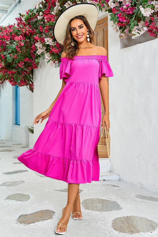 Off Shoulder Bardot Frill Midi Dress In Fuchsia Pink