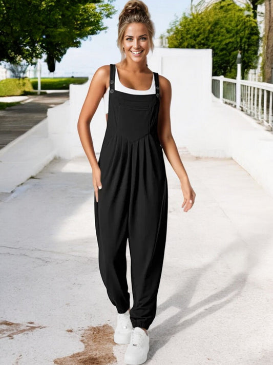 Women's Adjustable Strap Pleated Jumpsuit with Elastic Ankle Cuffs