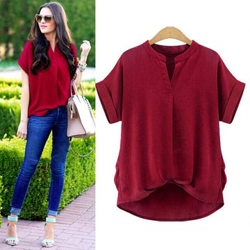 Plus Size V-neck Pure Color Short Sleeves Blouse - Meet Yours Fashion - 1