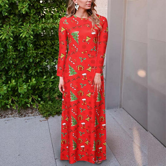 Christmas Long Sleeve Print Maxi Dress