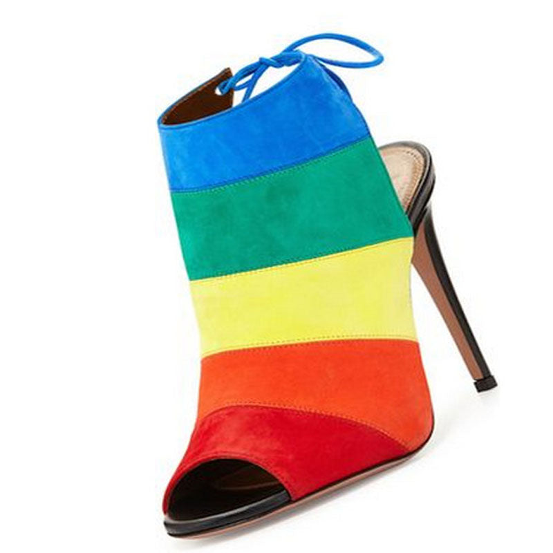Rainbow Colorblock Suede Strap Peep Toe High Heel Sandals