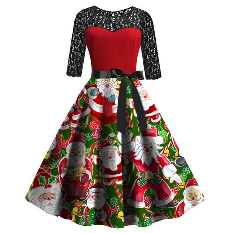 Christmas Retro Lace Splice Print Swing Dress