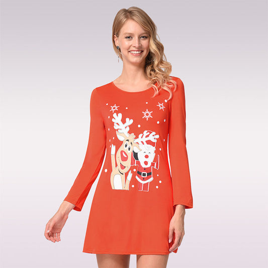 Christmas Print Scoop Neck Pullover Short Dress