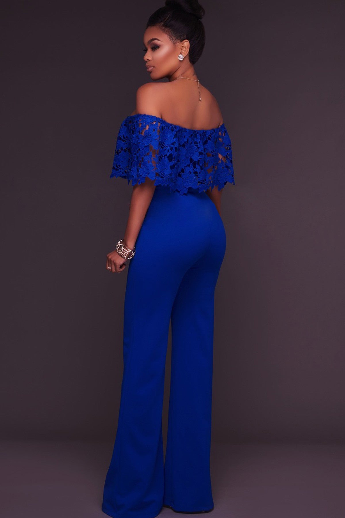 Off Shoulder Ruffles Sleeves Pure Color Long Jumpsuit