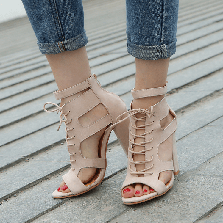 Suede Lace Up Peep Toe Chunky Heel Sandals