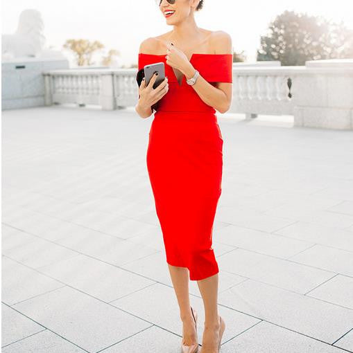 Off-shoulder Short Sleeves Bodycon Knee-length Evening Dress