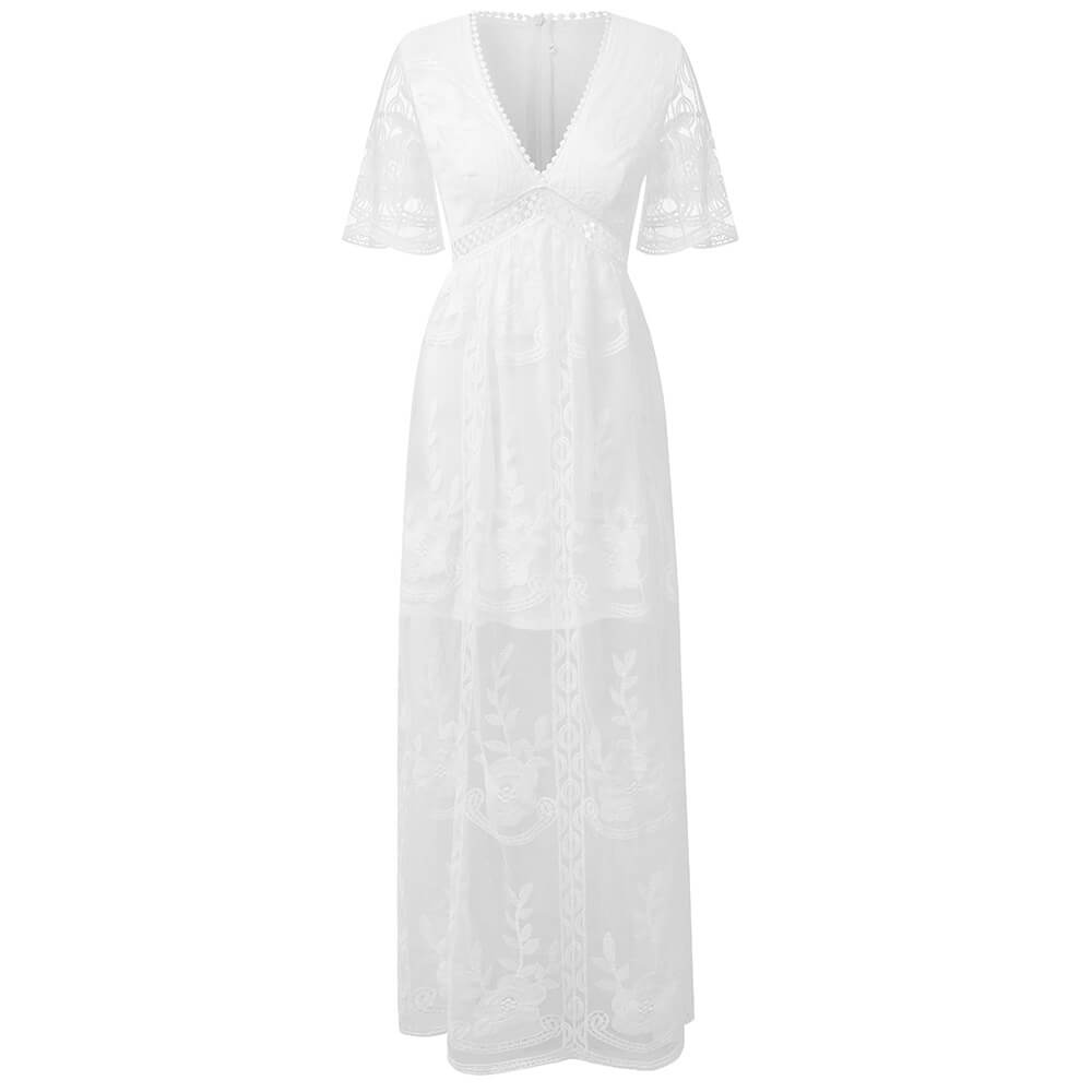 Floral Elegant White Lace Embroidered Maxi Dress