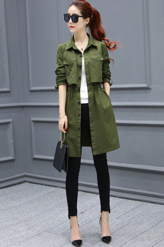 Stand Collar Button Pockets Decorate Slim Long Coat