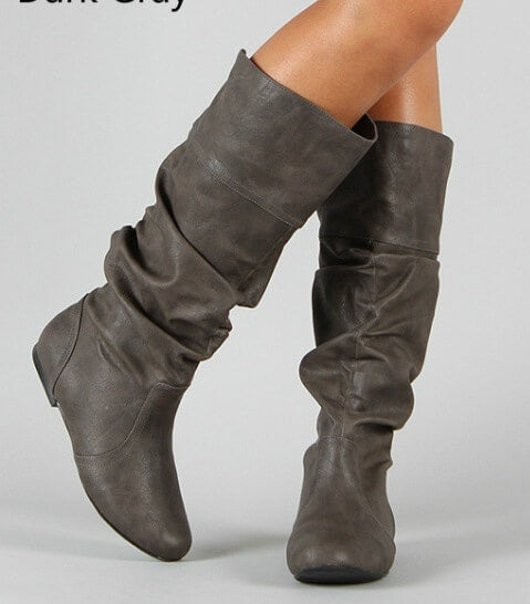 Leather Mid Calf Fold Flat Boots