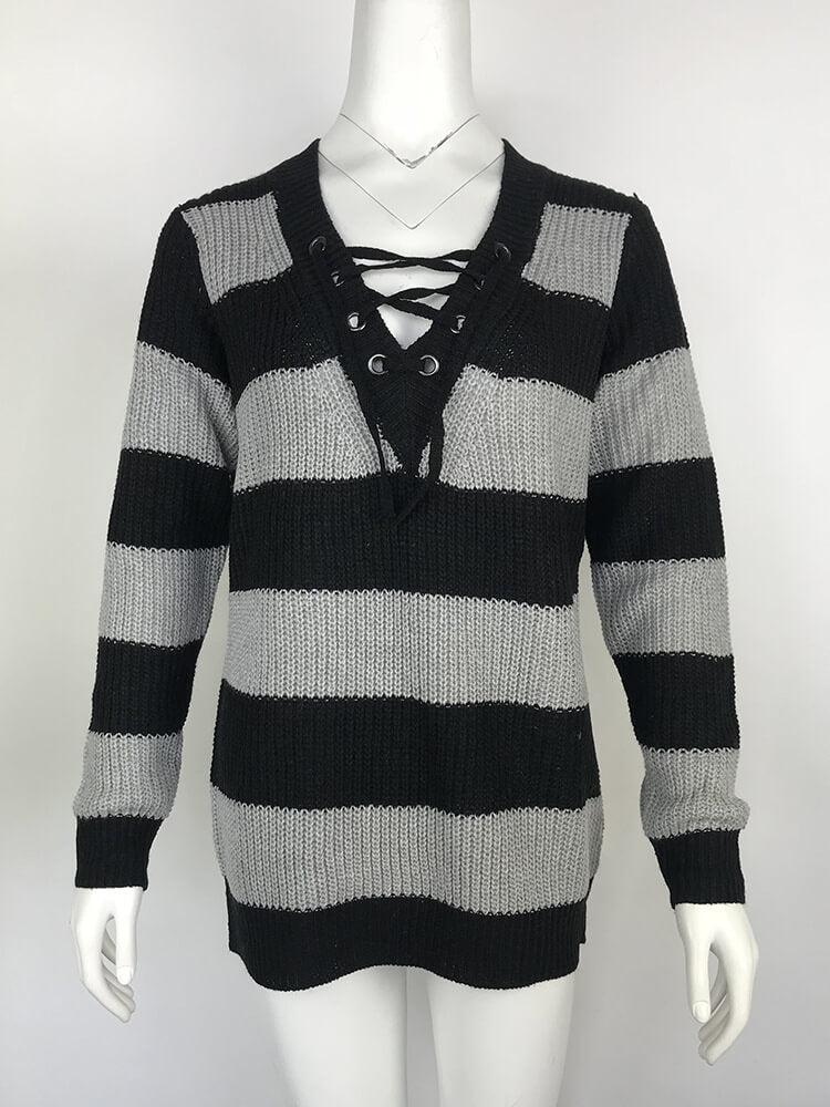 V-Neck Lace-Up Striped Long Sleeve Women Sweater