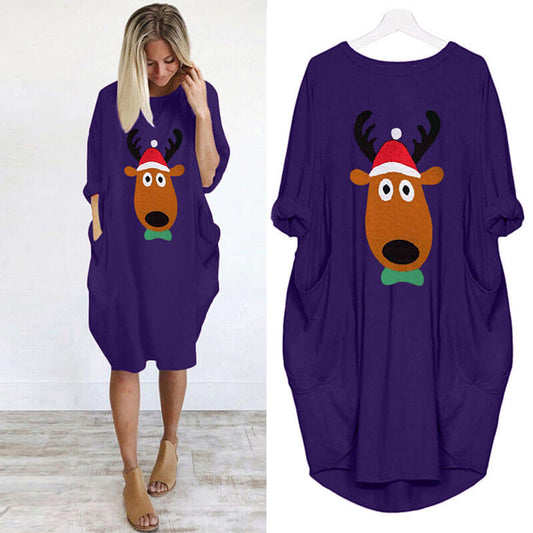 Christmas Loose Reindeer Print Sweatshirt Midi Dress