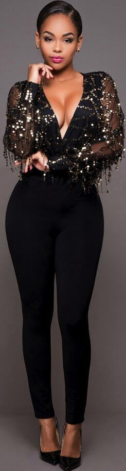 Black Deep V-neck Sequins Tassel Long Sleeve Long Jumpsuit