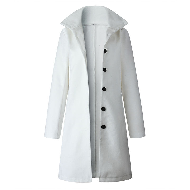 Funnel Neck Button Plain Woolen Coat