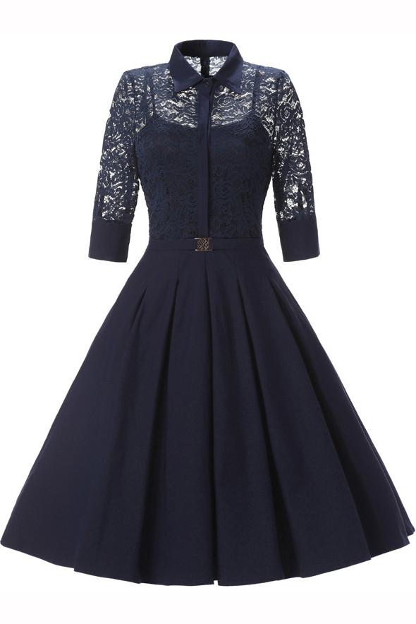 Lace Long Sleeves Solid Splicing Pleated Short Dress