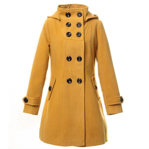 Double Button Hooded Long Sleeves Mid-length Wool Thick Coat