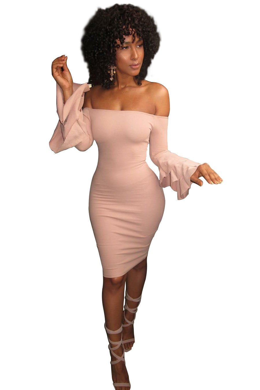 Off Shoulder Long Trumpet Sleeves Knee-length Bodycon Dress