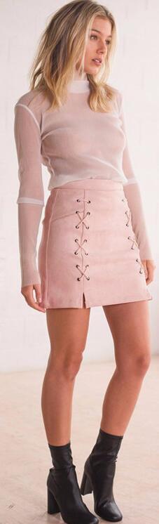Fashion Side Lace Up Short Bodycon Split Skirt