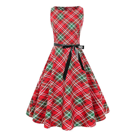 Retro Christmas Sleeveless Plaid Belt Dress
