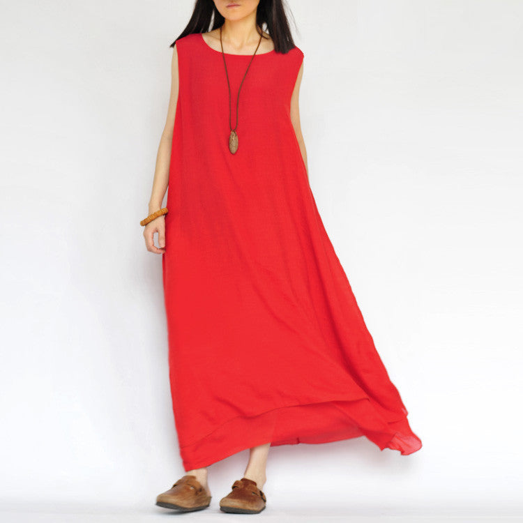 Pure Color Loose O-neck Sleeveless Long Dress - May Your Fashion - 5