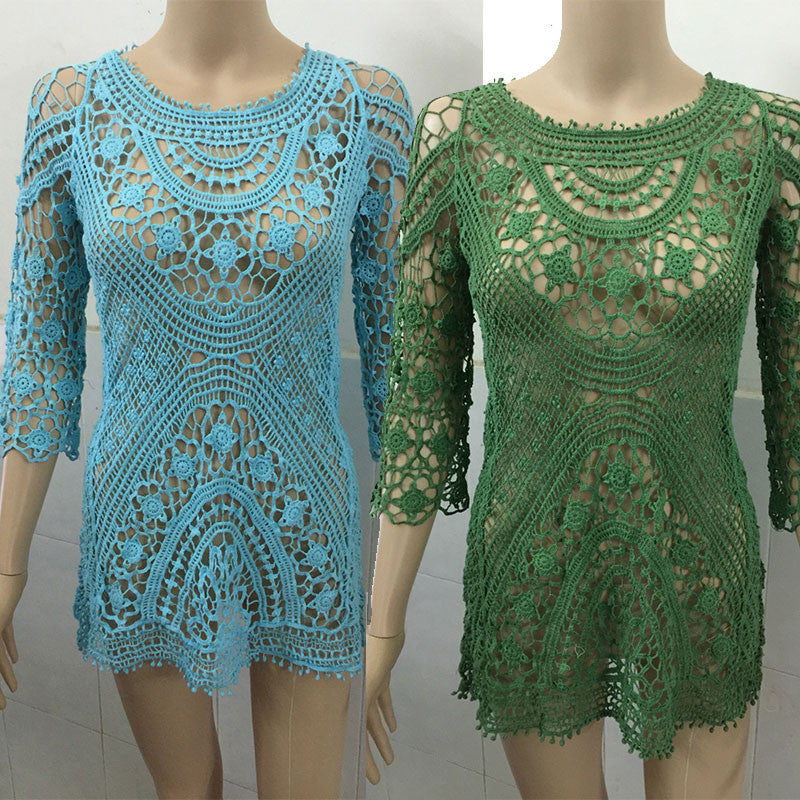 Pure Color Crocheting Hollow Out Lace Short Beach Cover Up Dress