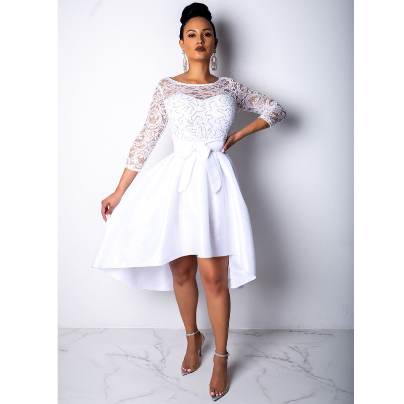 High Waist Asymmetric Lace Knee-length Dress