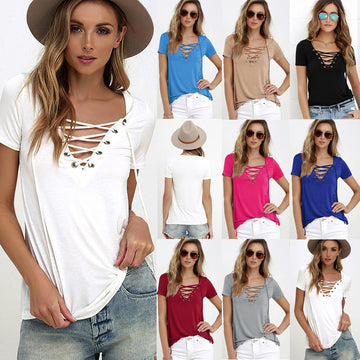 Pure Color V-neck Lace Up Short Sleeve T-shirt