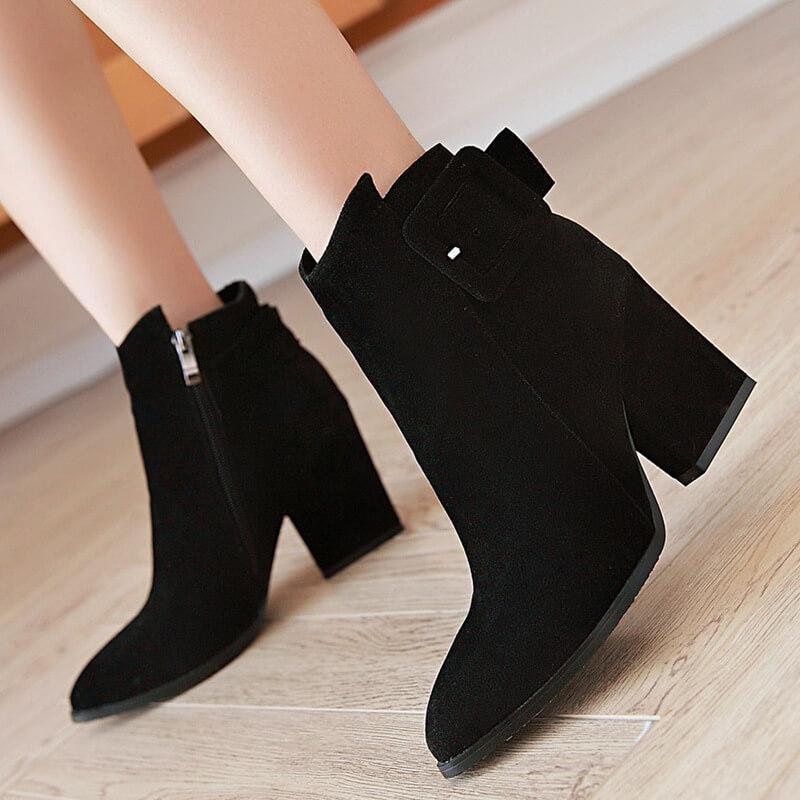 Chunky Heel Suede Buckle Pointed Toe Ankle Boots