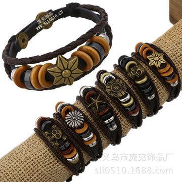 Fashion Beaded Woven Leather Bracelet Set