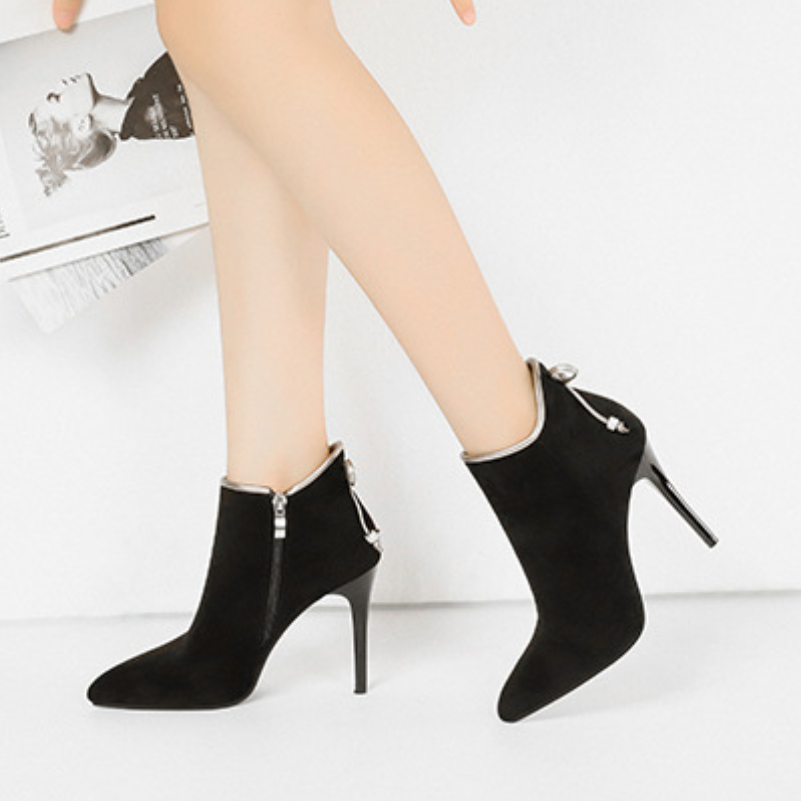 Pointed Toe High Heels Plain Ankle Boots