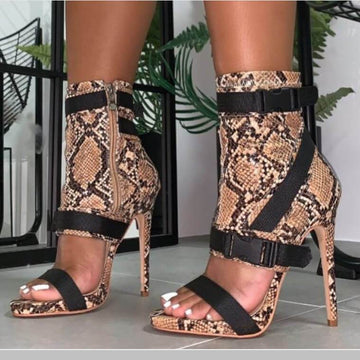 Snakeskin Leather High Heel Embellished Buckle Sandals