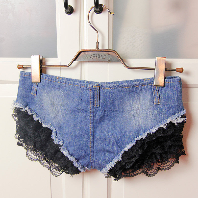 Black Lace Patchwork Low Waist Slim Women's Shorts