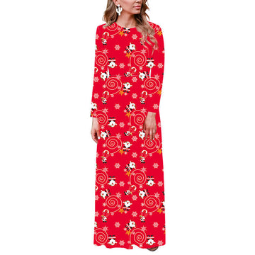 New Christmas Long Sleeve Floral Print Maxi Dress