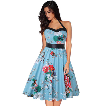 Halter Floral Print V-neck Knee-length Loose Dress